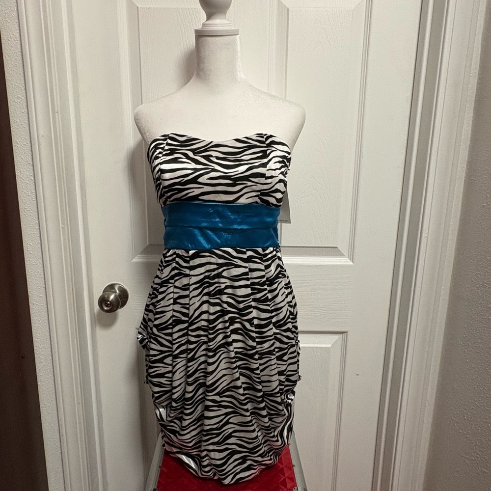 Zebra Print Strapless Dress with Blue Accent